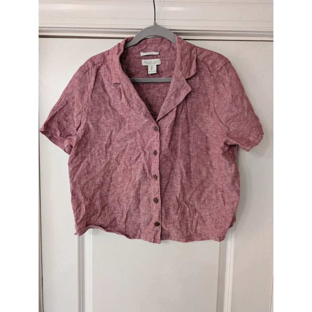 Rachel Zoe Womens 100% Linen Short Sleeve Button Down Shirt Pink Red Large